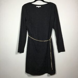 Long sleeve black midi dress with gold tone chain belt wavy pattern size 10